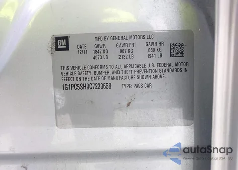 2012 Chevrolet Cruze Ls из США, поврежденный, VIN 1G1PC5SH9C7233658